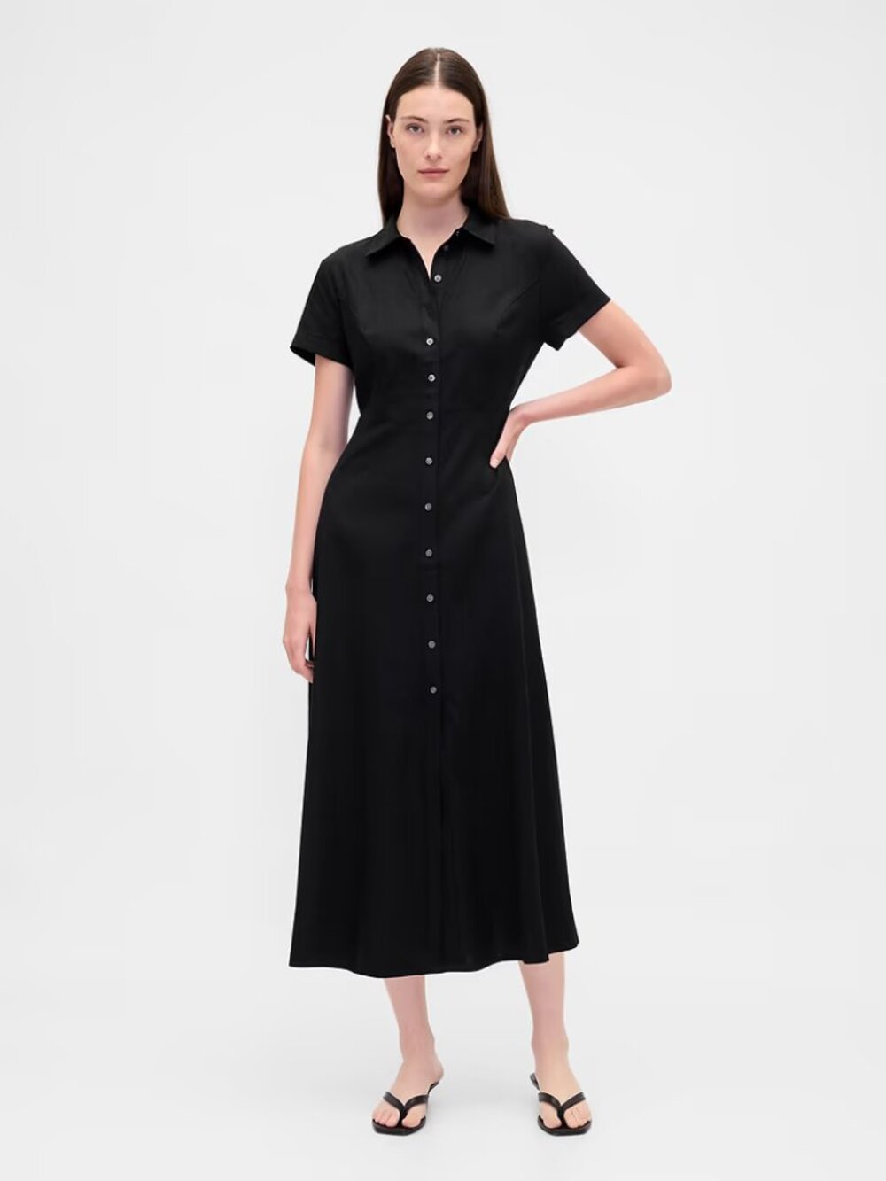 NWT GAP Black MP Linen-Blend Midi Shirtdress Shirt Dress Lightweight